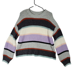 American‎ Eagle Womens Striped Sweater S Balloon Sleeve Gray Purple Blue Cotton